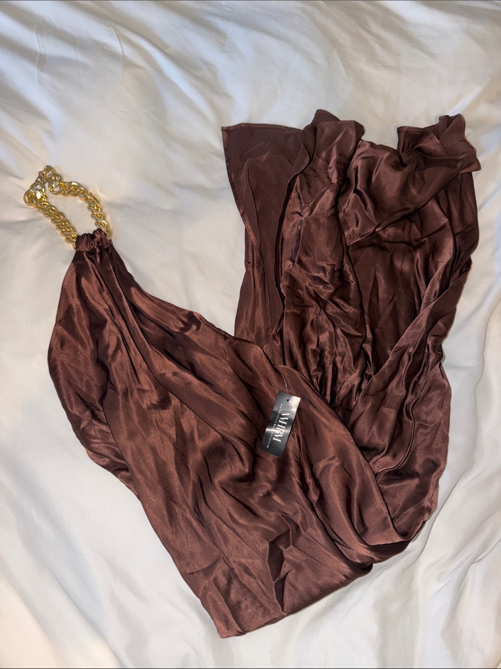 White House black market elegant Brown Satin Dress with Gold Chain Strap